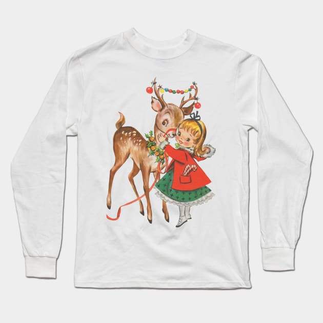 Vintage Christmas Girl and Reindeer Long Sleeve T-Shirt by darklordpug